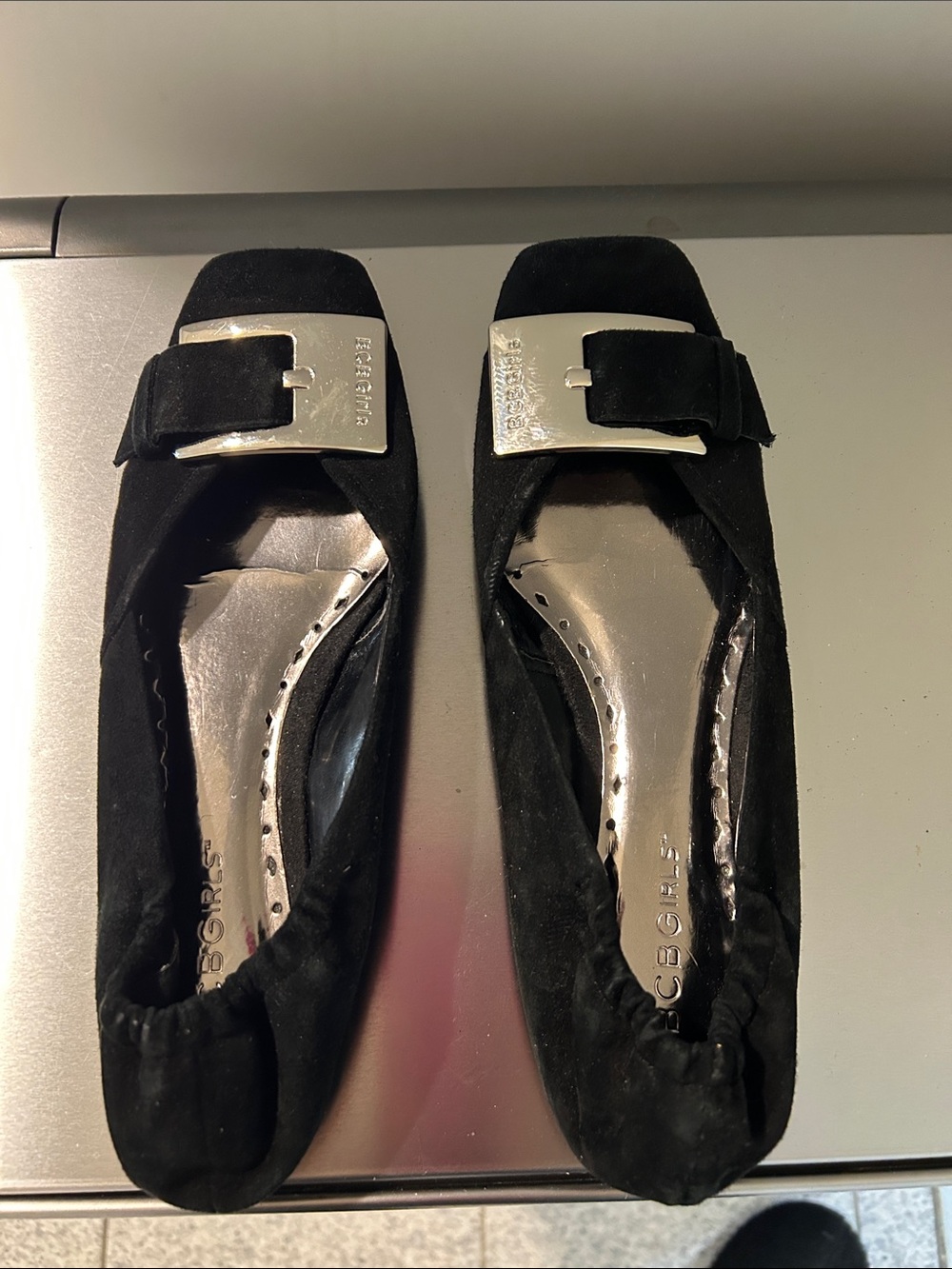 BCBG Black Suede Ballet Flats with Silver Buckle